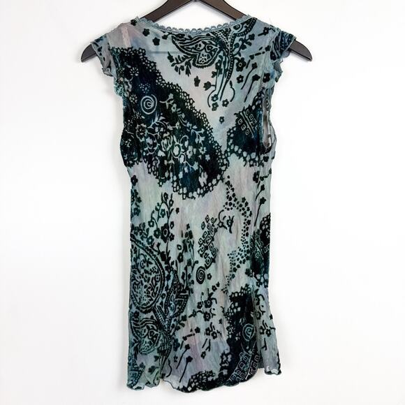 Y2K C-Lue Silk Blend Sheer Velvet Paisley Blosue w Lace Cami Blue - S - Picture 6 of 9